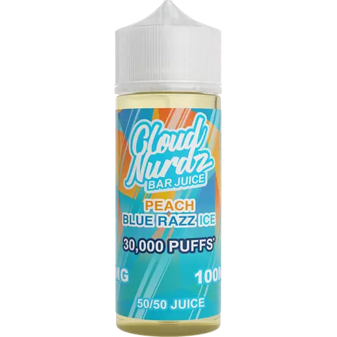 cloud nurdz bar juice 50/50 100ml peach blue razz ice vape juice bottle on a clear background