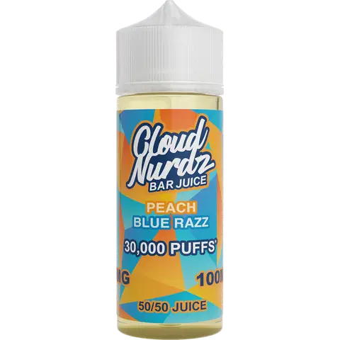cloud nurdz bar juice 50/50 100ml peach blue razz vape juice bottle on a clear background