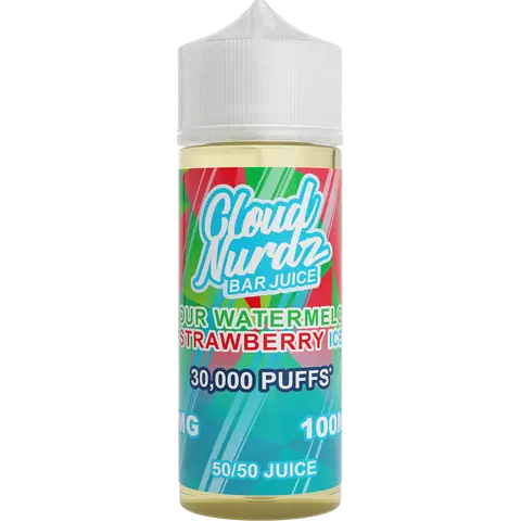 cloud nurdz bar juice 50/50 100ml sour watermelon strawberry ice vape juice bottle on a clear background