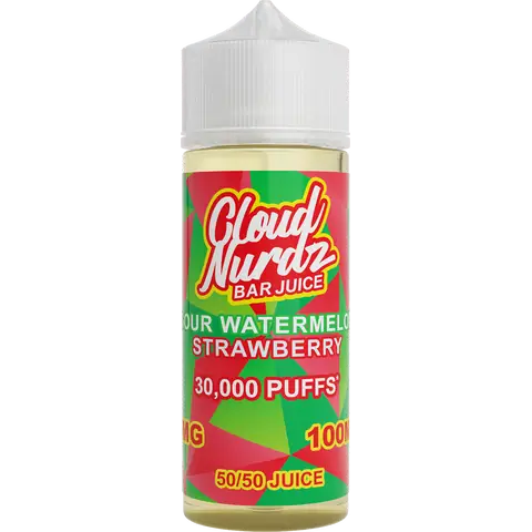 cloud nurdz bar juice 50/50 100ml sour watermelon strawberry vape juice bottle on a clear background