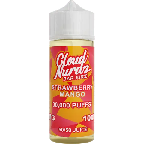 cloud nurdz bar juice 50/50 100ml strawberry mango vape juice bottle on a clear background