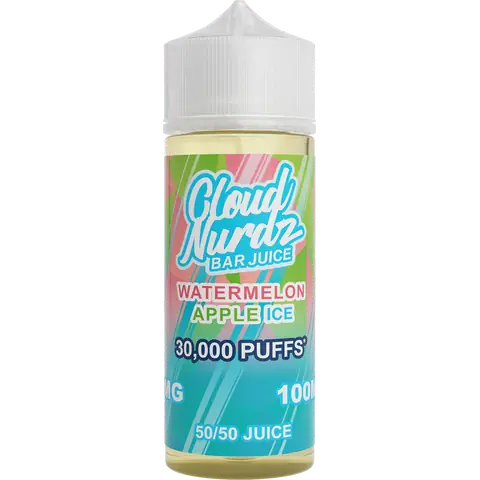 cloud nurdz bar juice 50/50 100ml watermelon apple ice vape juice bottle on a clear background
