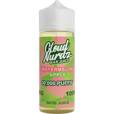 cloud nurdz bar juice 50/50 100ml watermelon apple vape juice bottle on a clear background