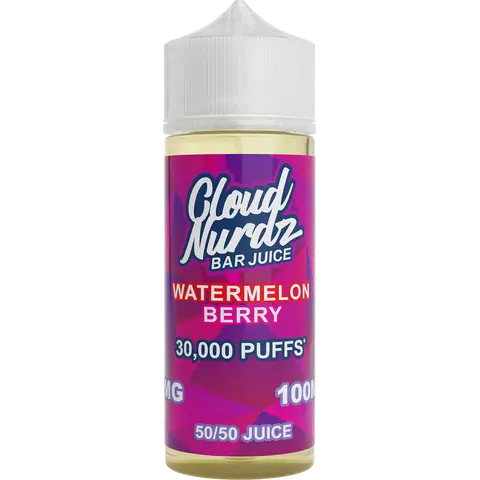cloud nurdz bar juice 50/50 100ml watermelon berry vape juice bottle on a clear background