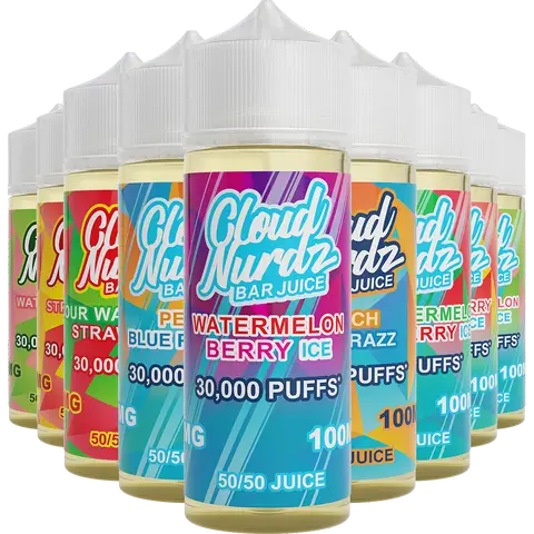 cloud nurdz bar juice 50/50 100ml vape juice bottles on a clear background