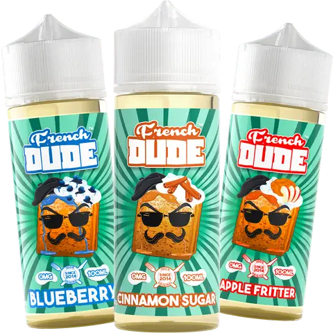 French Dude 100ml vape juice bottles on a clear background