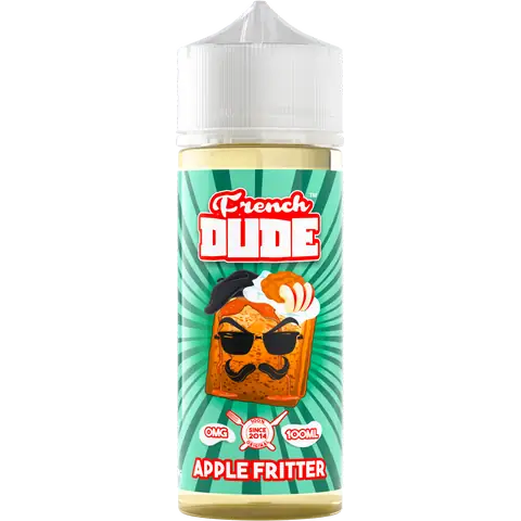 french dude 100ml apple fritter vape juice bottle on a clear background
