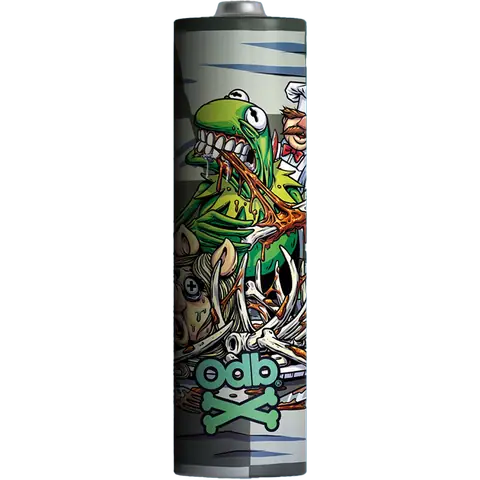 odb wraps Kermit the frog design on an 18650 battery on a clear background