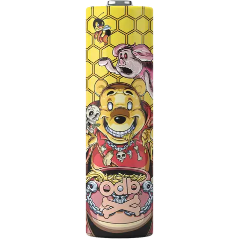 odb wraps evil pooh bear design on an 18650 battery on a clear background