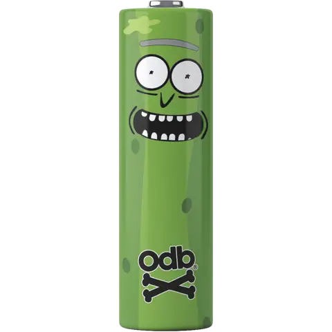 odb wraps pickle rick and mortly design on an 18650 battery on a clear background