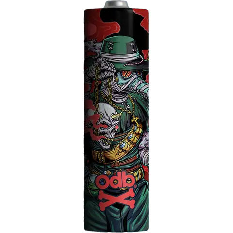 odb wraps red plague design on an 18650 battery on a clear background