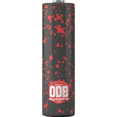 odb wraps red splatter design on an 18650 battery on a clear background