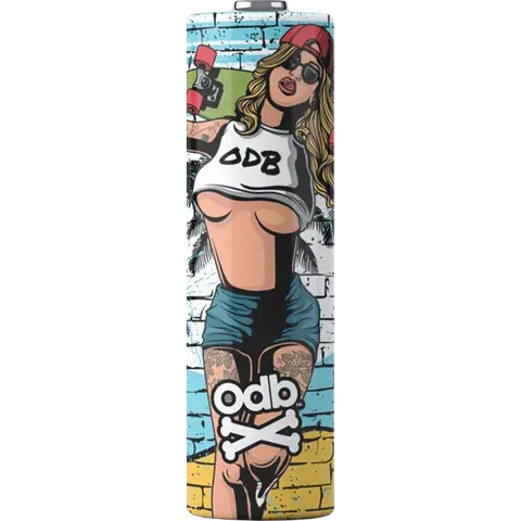 odb wraps teagan skater girl design on an 18650 battery on a clear background