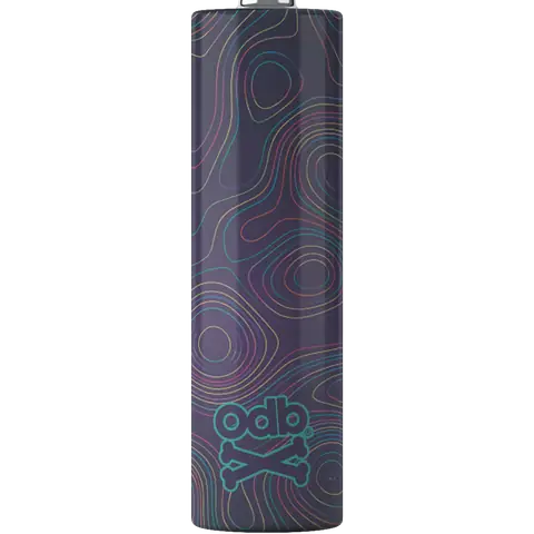 odb wraps timascus design on an 18650 battery on a clear background
