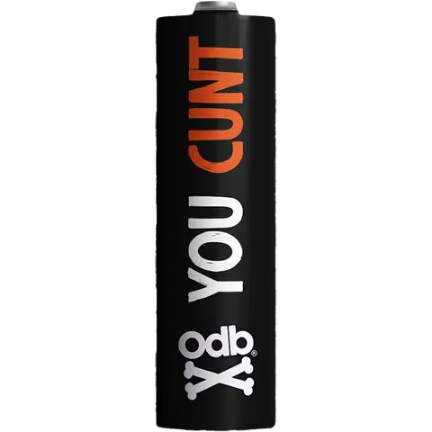 odb wraps you cunt design on an 18650 battery on a clear background