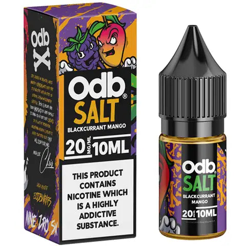 ODB Salts blackcurrant mango bottle and box on white background