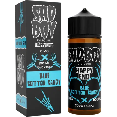 sadboy 100ml blue cotton candy box and bottle on a clear background