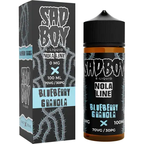 sadboy 100ml blueberry granola box and bottle on a clear background