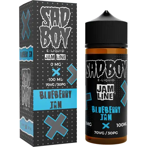 sadboy 100ml blueberry jam box and bottle on a clear background