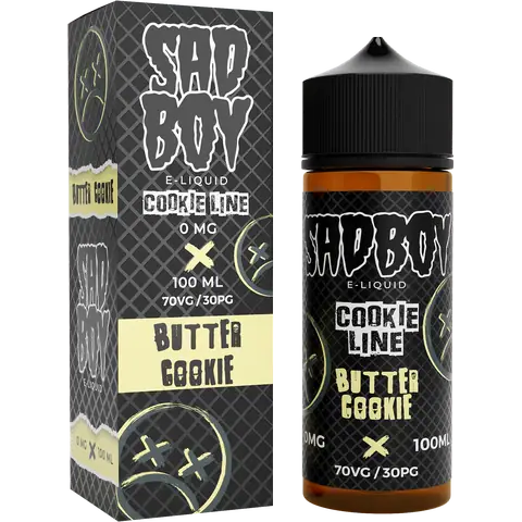sadboy 100ml butter cookie box and bottle on a clear background