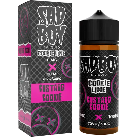 sadboy 100ml custard cookie box and bottle on a clear background