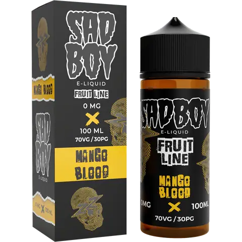 sadboy 100ml mango blood box and bottle on a clear background