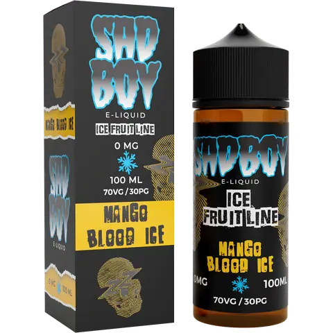 sadboy 100ml mango blood ice box and bottle on a clear background