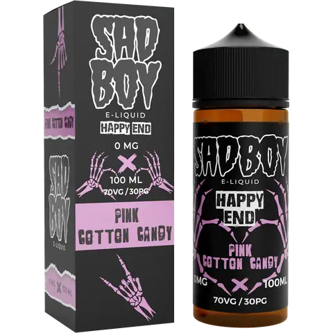 sadboy 100ml pink cotton candy box and bottle on a clear background