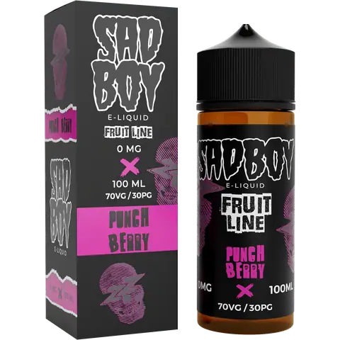 sadboy 100ml punch berry box and bottle on a clear background