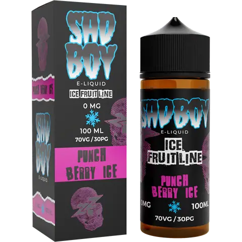 sadboy 100ml punch berry ice box and bottle on a clear background
