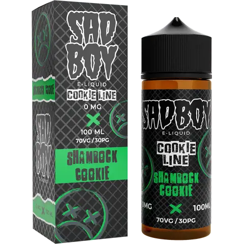 sadboy 100ml shamrock cookie box and bottle on a clear background