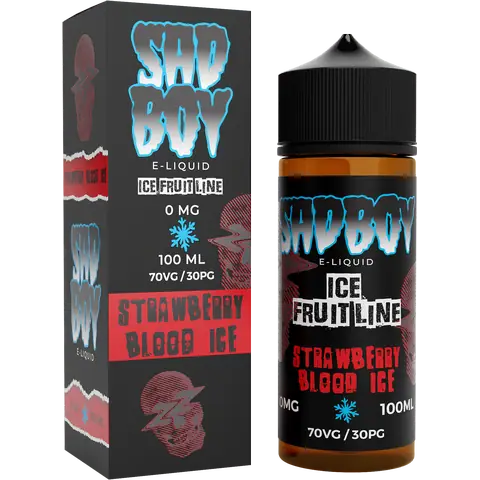 sadboy 100ml strawberry blood ice box and bottle on a clear background