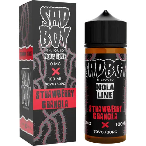 sadboy 100ml strawberry granola box and bottle on a clear background