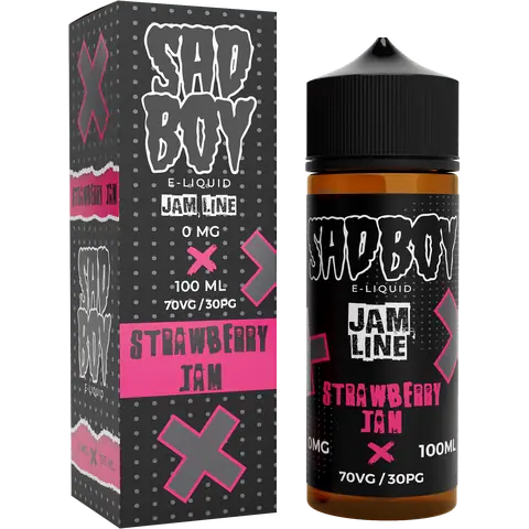 sadboy 100ml strawberry jam box and bottle on a clear background