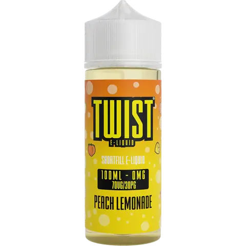 twist 100ml peach lemonade vape juice bottle on a clear background