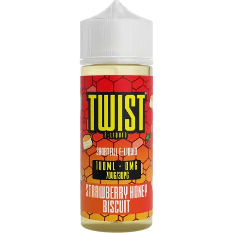 twist 100ml strawberry honey biscuit vape juice bottle on a clear background