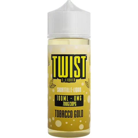 twist 100ml tobacco gold vape juice bottle on a clear background