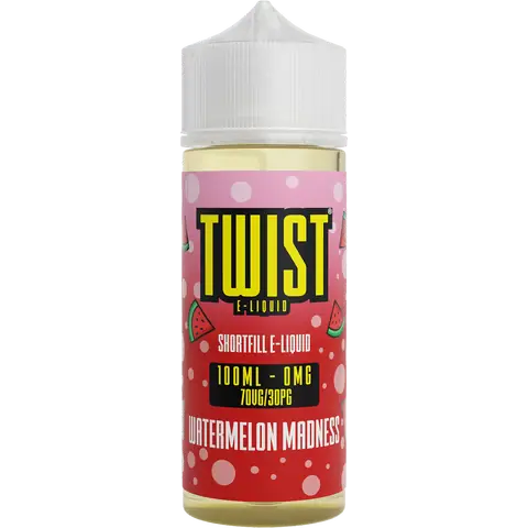 twist 100ml watermelon madness vape juice bottle on a clear background