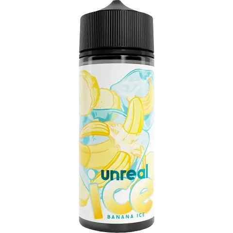 unreal ice 100ml bottle of banana ice vape juice on a clear background