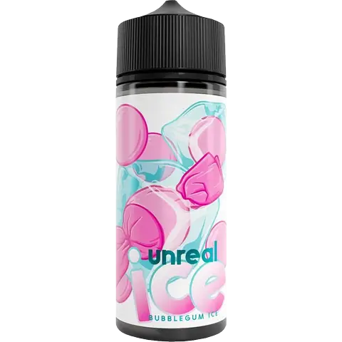 unreal ice 100ml bottle of bubblegum ice vape juice on a clear background