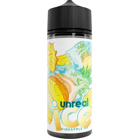 unreal ice 100ml bottle of pineapple ice vape juice on a clear background