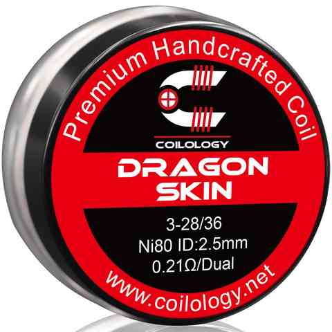 Coilology Hand Crafted Coils Dragon Skin 3-28/36 Ni80 0.21Ω Dual 2.5mm ID On White Background
