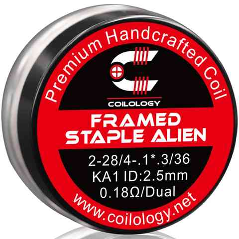 Coilology Hand Crafted Coils Framed Staple Alien 2-28/4-.1* .3/36 KA1 0.18Ω 2.5mm/Dual On White Background