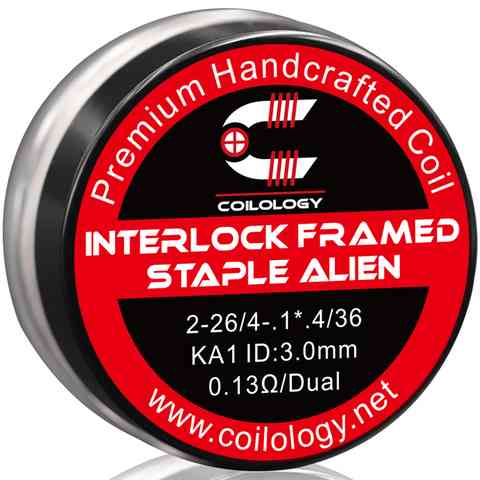 Coilology Hand Crafted Coils Interlock Framed Staple Alien 2-26/4-.1*.4/36 KA1 ID3.0mm 0.13Ω Dual On White Background