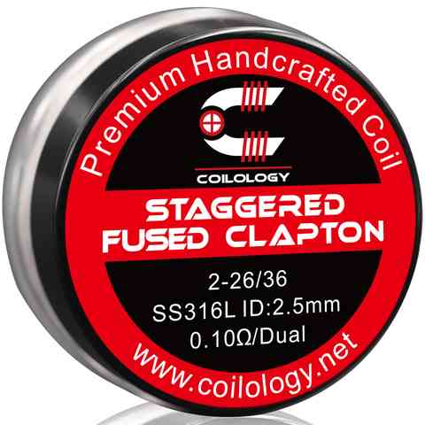 Coilology Hand Crafted Coils Staggered Fused Clapton 2-26/36 SS 0.10Ω Dual 2.5mm ID On White Background