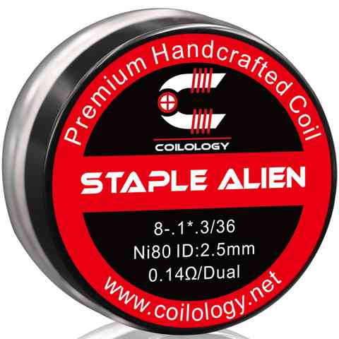 Coilology Hand Crafted Coils Staple Alien 8-. 1*.3/36 Ni80 0.14Ω Dual 2.5mm ID On White Background