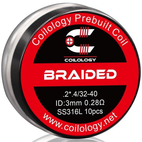 Coilology Prebuilt Performance Coils Braided .2*.4/32-40 0.28ohm SS316L 3mm ID On White Background