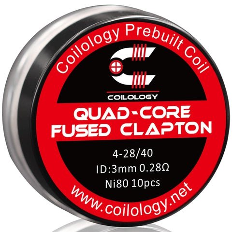 Coilology Prebuilt Performance Coils Quad Core Fused Clapton 4-28/40 Ni80 0.28ohm 3mm ID On White Background