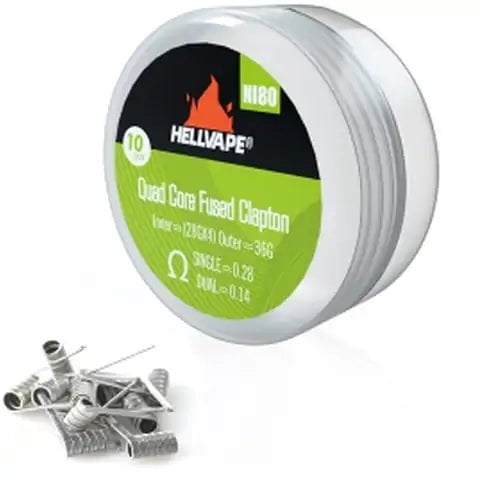 Hellvape Special Blended Wire Premade Coils 10pcs Ni80 Quad Core Fused Clapton 0.28ohm On White Background