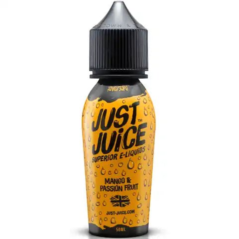 Just Juice Iconic Range E-Liquid 50ml Shortfill Mango & Passion Fruit On White Background